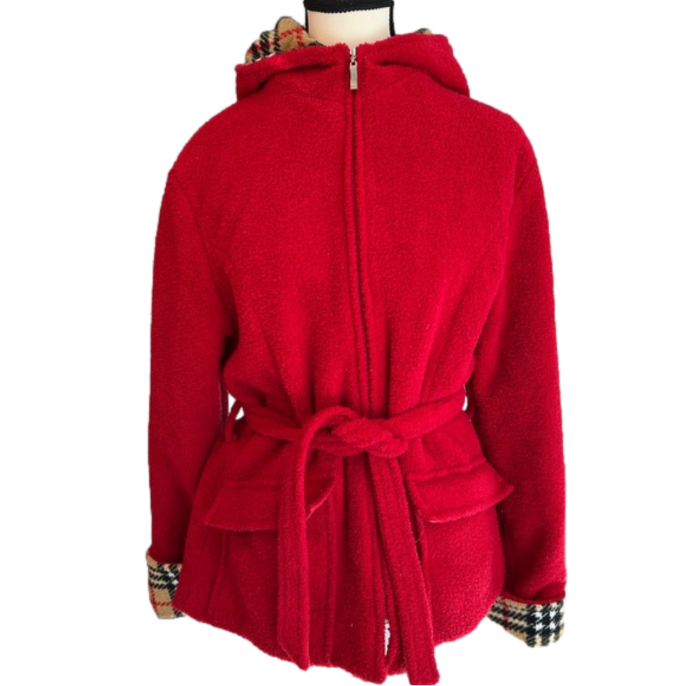 Sandro cherry red fleece belted jacket with plaid hood and cuffs. Size M EUC